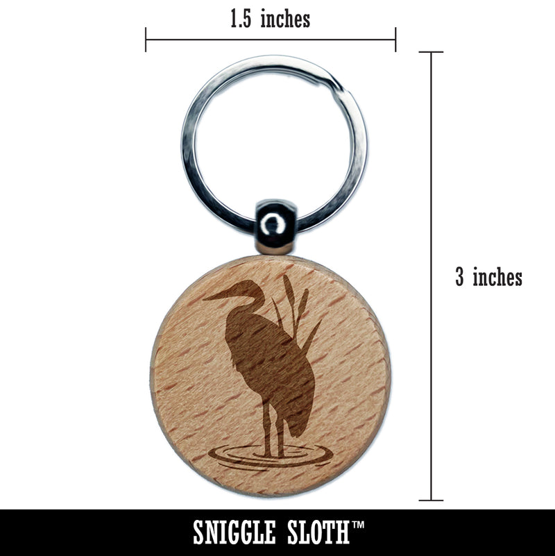 Heron Bird Silhouette Engraved Wood Round Keychain Tag Charm