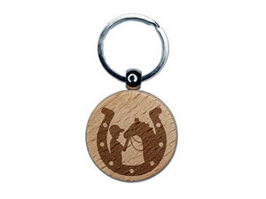 Horseshoe Horse and Boy Engraved Wood Round Keychain Tag Charm