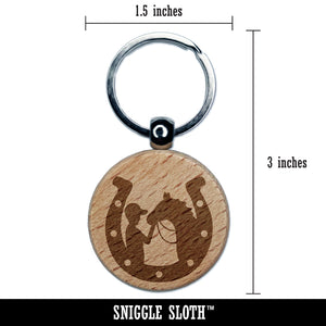 Horseshoe Horse and Boy Engraved Wood Round Keychain Tag Charm