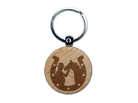 Horseshoe Horse and Cowboy Engraved Wood Round Keychain Tag Charm