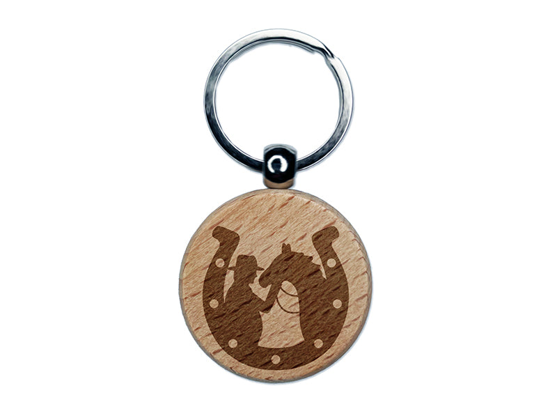 Horseshoe Horse and Cowboy Engraved Wood Round Keychain Tag Charm