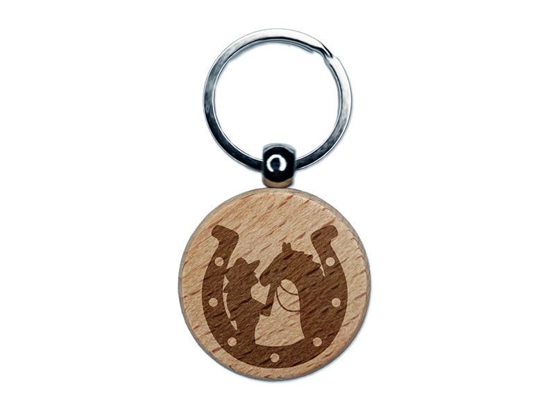 Horseshoe Horse and Cowgirl Engraved Wood Round Keychain Tag Charm