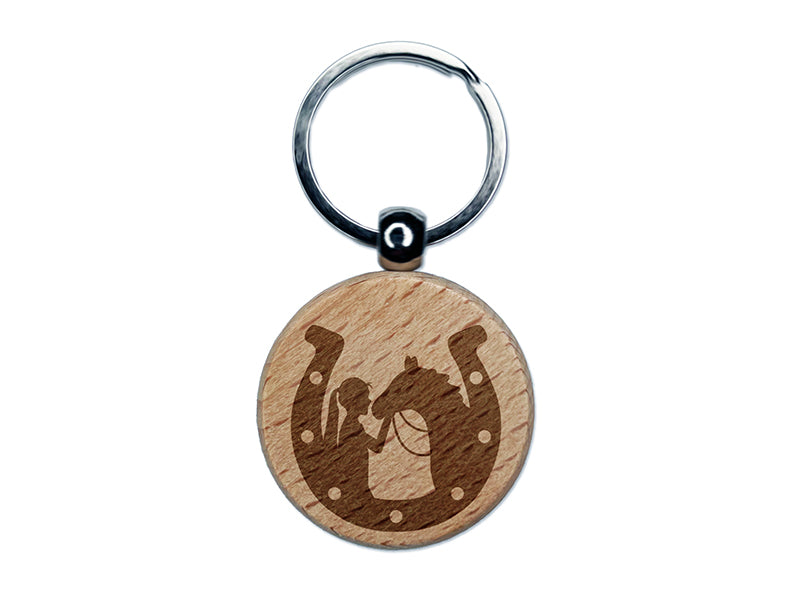 Horseshoe Horse and Girl Engraved Wood Round Keychain Tag Charm