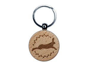 Leaping Jack Rabbit Silhouette Engraved Wood Round Keychain Tag Charm