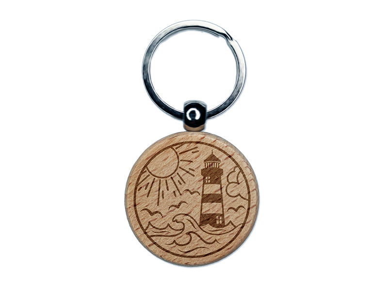Lighthouse Sea Ocean Waves Engraved Wood Round Keychain Tag Charm