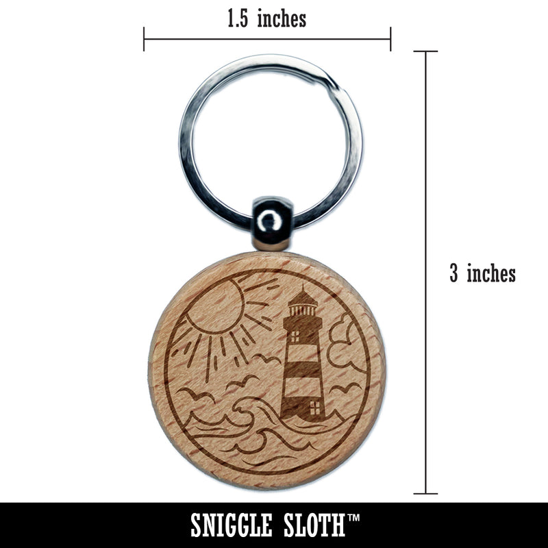 Lighthouse Sea Ocean Waves Engraved Wood Round Keychain Tag Charm