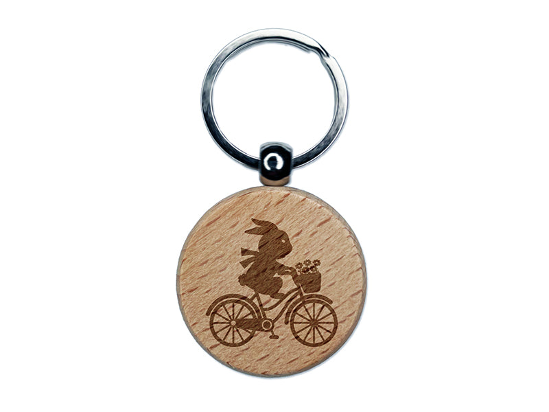 Rabbit Bunny on Bike Engraved Wood Round Keychain Tag Charm