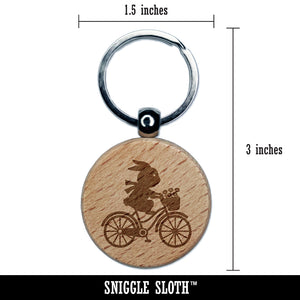 Rabbit Bunny on Bike Engraved Wood Round Keychain Tag Charm