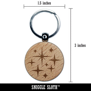 Retro Vintage Four Pointed Stars Engraved Wood Round Keychain Tag Charm