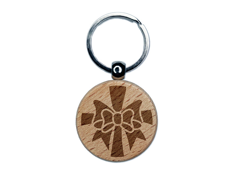 Ribbon on Package Engraved Wood Round Keychain Tag Charm