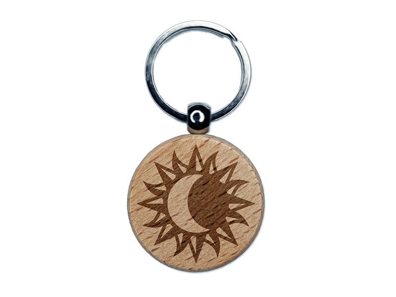 Solar Eclipse Sun Moon Engraved Wood Round Keychain Tag Charm