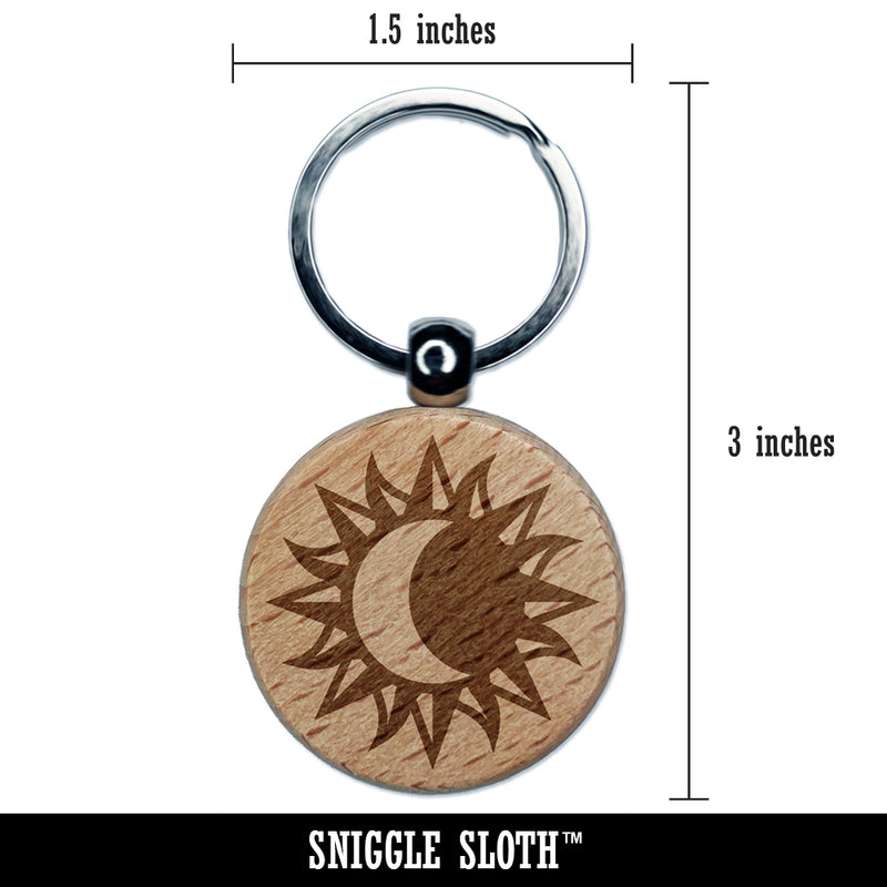 Solar Eclipse Sun Moon Engraved Wood Round Keychain Tag Charm