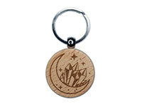 Celestial Moon and Crystals Engraved Wood Round Keychain Tag Charm