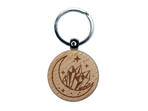 Celestial Moon and Crystals Engraved Wood Round Keychain Tag Charm