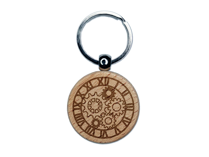 Clock Face with Gears Engraved Wood Round Keychain Tag Charm
