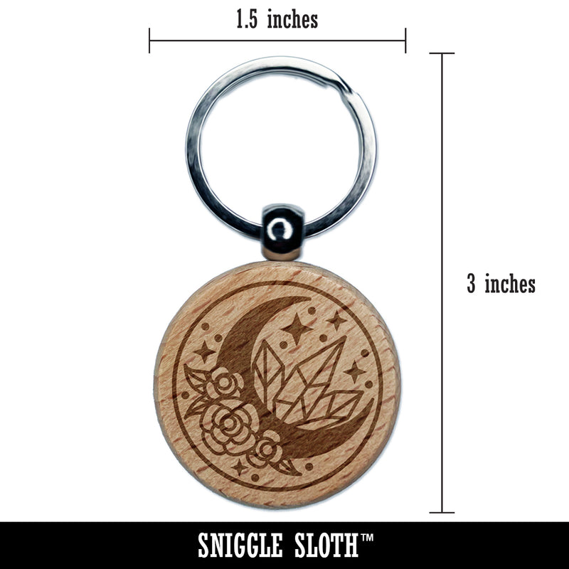 Floral Moon Crystals Engraved Wood Round Keychain Tag Charm