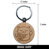 Maneki Neko Lucky Cat Engraved Wood Round Keychain Tag Charm