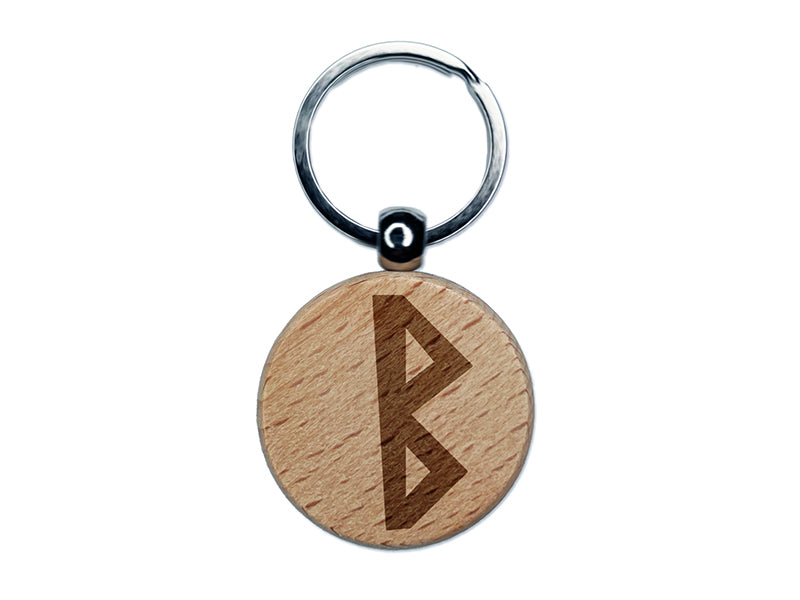 Norse Viking Dwarven Rune Letter B Engraved Wood Round Keychain Tag Charm