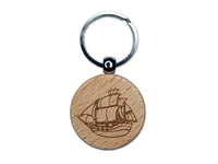 Old Timey Boat Ship Engraved Wood Round Keychain Tag Charm