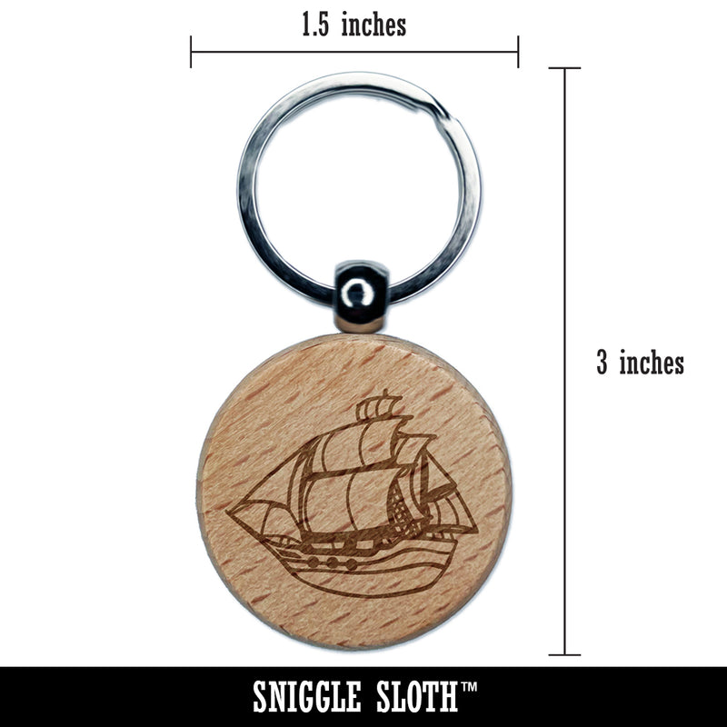 Old Timey Boat Ship Engraved Wood Round Keychain Tag Charm