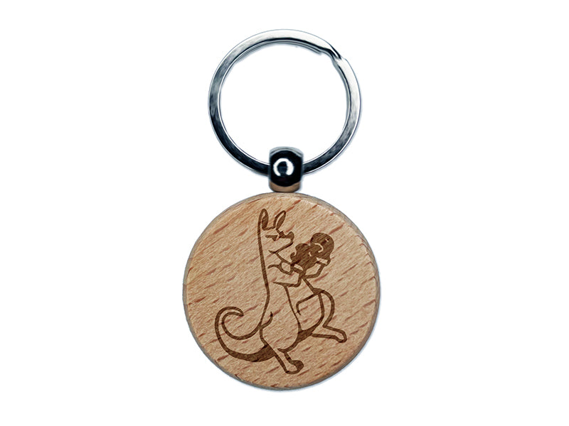 Aggressive Kangaroo Boxing Gloves Engraved Wood Round Keychain Tag Charm