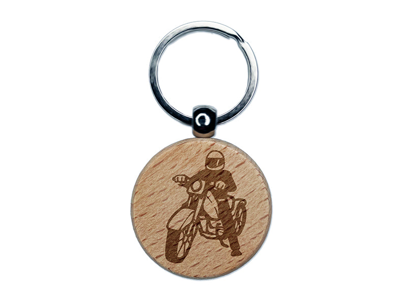 Biker on Motorcycle Engraved Wood Round Keychain Tag Charm