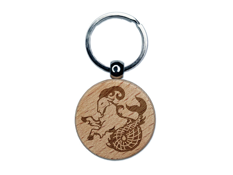 Capricorn Sea Goat Mythical Creature Engraved Wood Round Keychain Tag Charm