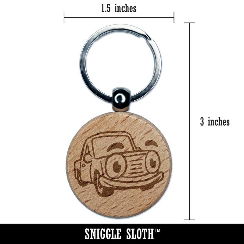 Cartoon Car with Face Engraved Wood Round Keychain Tag Charm