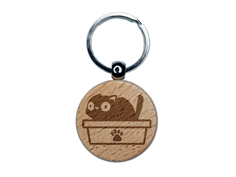Cat Pooping Litter Box Funny Engraved Wood Round Keychain Tag Charm