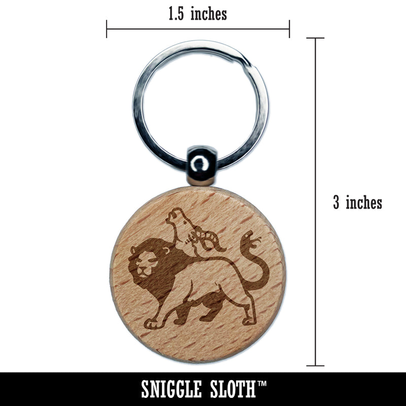 Chimera Greek Mythological Creature Beast Engraved Wood Round Keychain Tag Charm