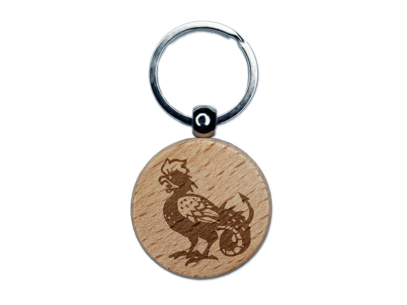 Cockatrice Mythical Monster Engraved Wood Round Keychain Tag Charm