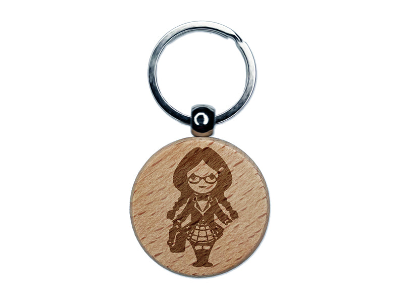 Cute Schoolgirl with Pigtails Engraved Wood Round Keychain Tag Charm