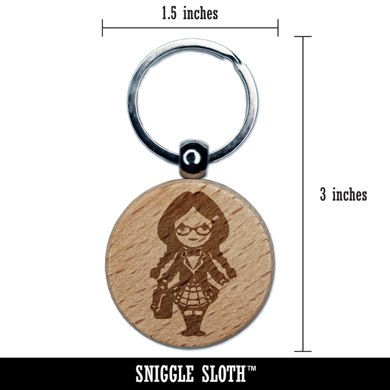 Cute Schoolgirl with Pigtails Engraved Wood Round Keychain Tag Charm