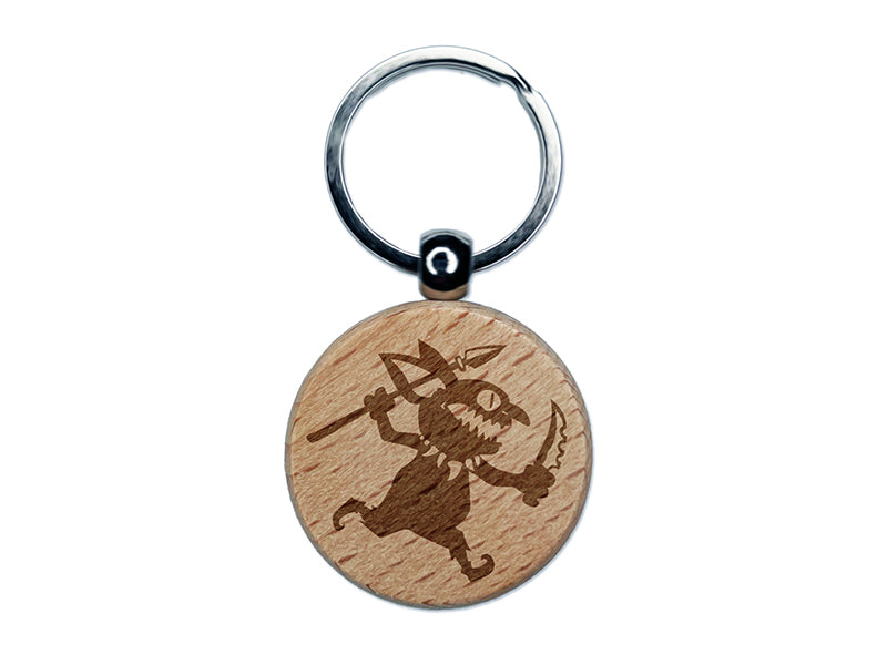Dungeon Goblin Spear Dagger Engraved Wood Round Keychain Tag Charm