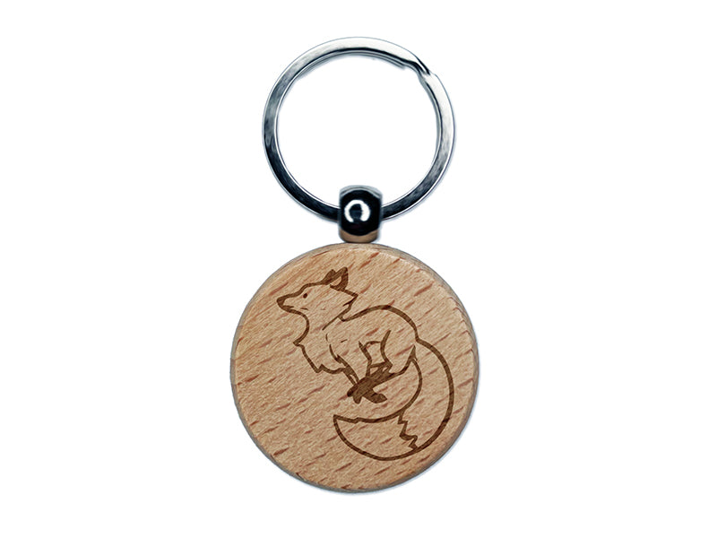 Elegant Leaping Fox Engraved Wood Round Keychain Tag Charm