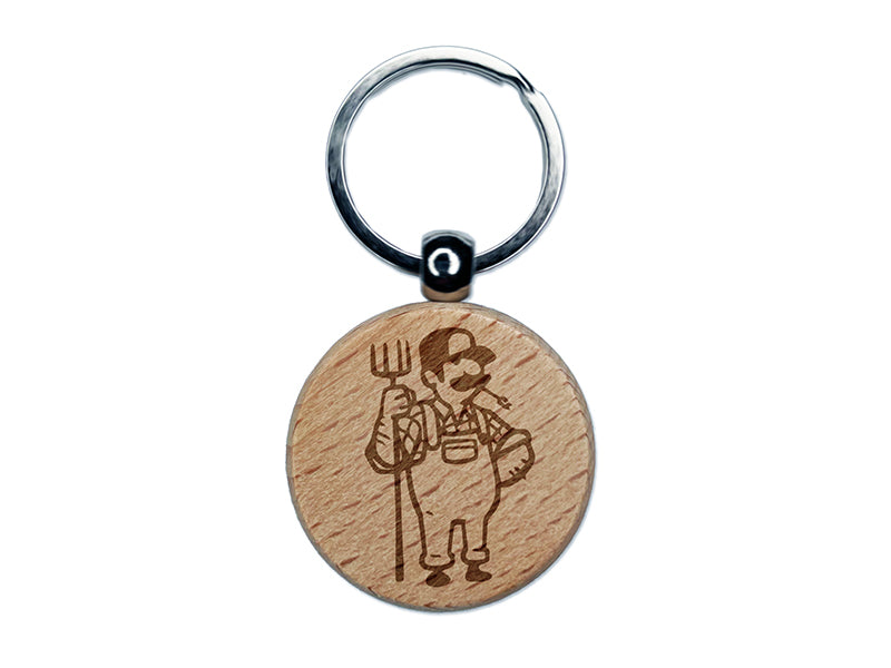 Farmer with Overalls and Pitchfork Engraved Wood Round Keychain Tag Charm