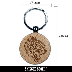 Fierce Tiger Head Profile Engraved Wood Round Keychain Tag Charm