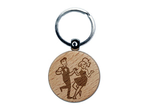 Happy Dancing Couple Engraved Wood Round Keychain Tag Charm