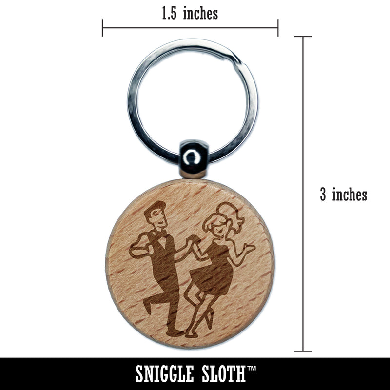 Happy Dancing Couple Engraved Wood Round Keychain Tag Charm