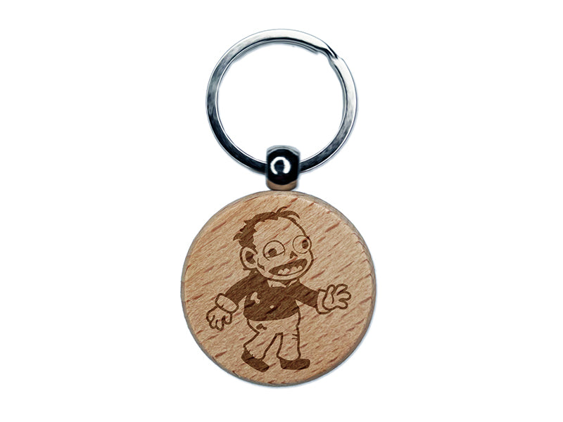 Happy Zombie Shambling Undead Monster Engraved Wood Round Keychain Tag Charm