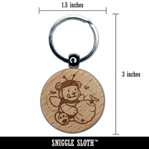 Hungry Honey Bear with Bee Hive Engraved Wood Round Keychain Tag Charm