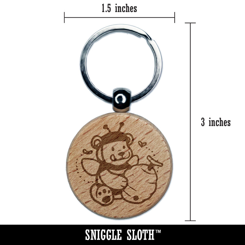 Hungry Honey Bear with Bee Hive Engraved Wood Round Keychain Tag Charm