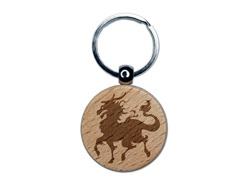 Kirin Qilin Mythical Asian Dragon Horses Engraved Wood Round Keychain Tag Charm