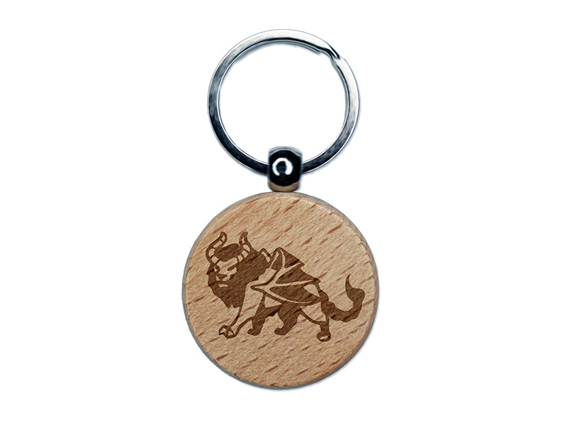 Manticore Greek Mythological Creature Beast Engraved Wood Round Keychain Tag Charm