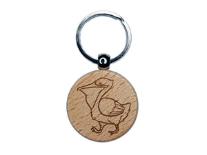 Pelican Bird Walking Engraved Wood Round Keychain Tag Charm