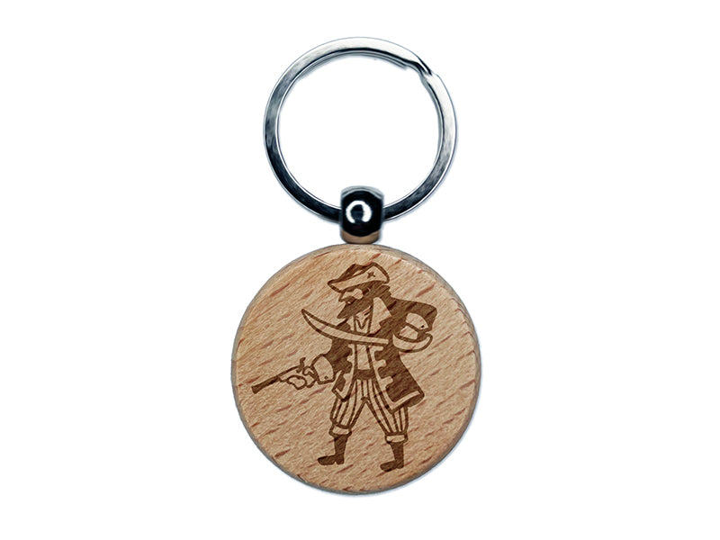 Pirate Cutlass Flintlock Pistol Engraved Wood Round Keychain Tag Charm