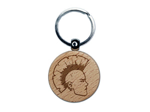 Punk Rocker with Mohawk Engraved Wood Round Keychain Tag Charm