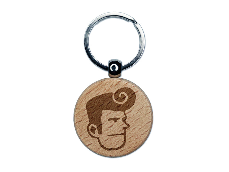 Rockabilly Man with Pompadour Engraved Wood Round Keychain Tag Charm