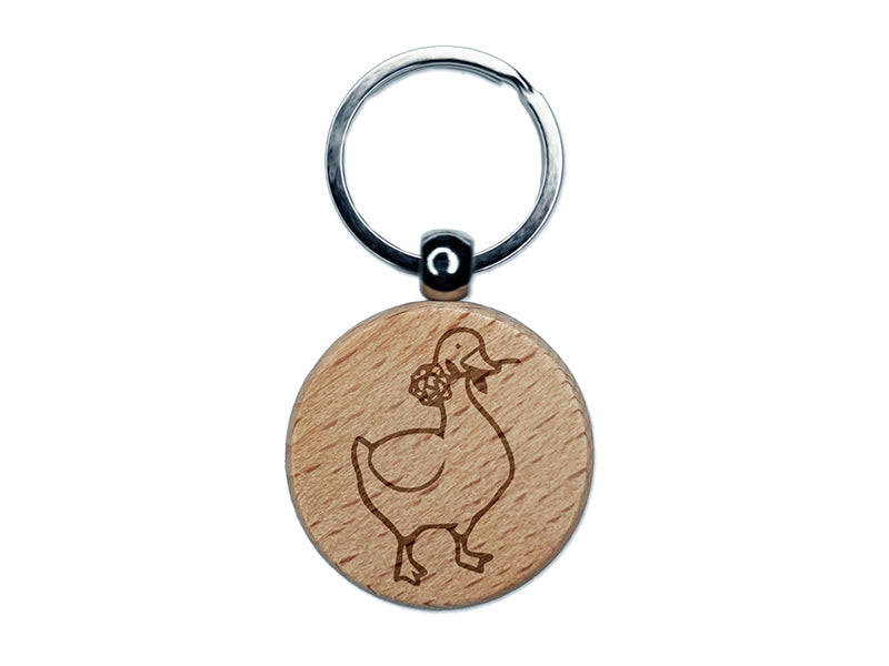 Romantic Goose with Flower Engraved Wood Round Keychain Tag Charm