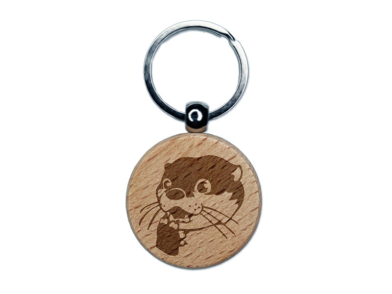 Shocked Surprised Otter Head Engraved Wood Round Keychain Tag Charm